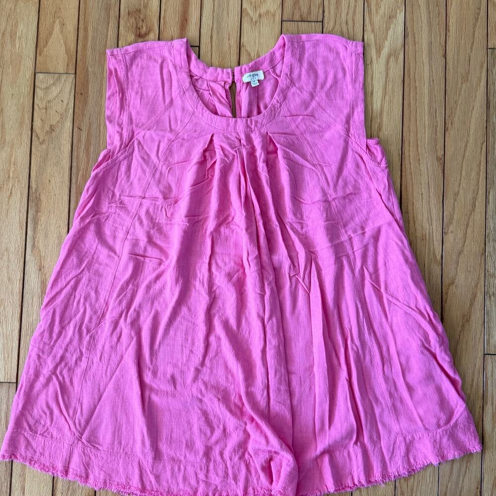 Umgee M Pink Sleeveless Tunic Dress Keyhole Neck Pleated Frayed Hem Resortwear